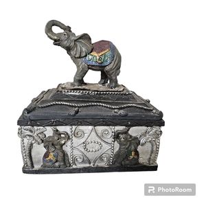 Handpainted Elephant Trinket Jewelry Keepsake Box Resin 6"x4" Eastern Decor